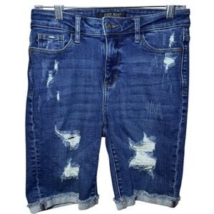 Judy Blue Jean Womens Sz M Frayed Distressed Raw Hem High Rise Bermuda Length